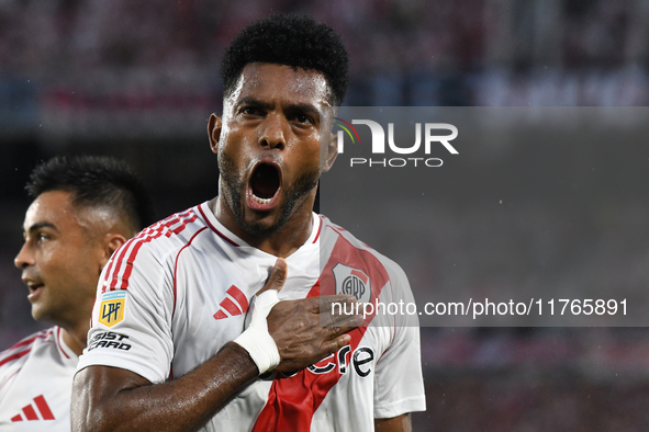 Miguel Borja of River Plate celebrates his goal during the match between River Plate and Barracas Central at Estadio Mas Monumental in Bueno...