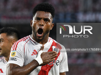 Miguel Borja of River Plate celebrates his goal during the match between River Plate and Barracas Central at Estadio Mas Monumental in Bueno...