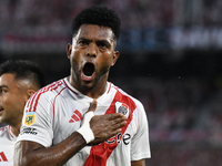 Miguel Borja of River Plate celebrates his goal during the match between River Plate and Barracas Central at Estadio Mas Monumental in Bueno...