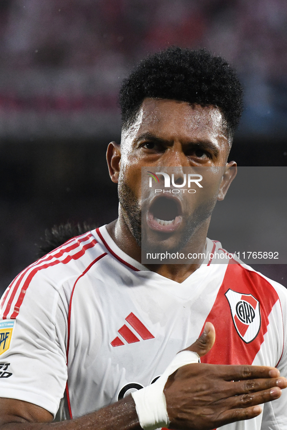 Miguel Borja of River Plate celebrates his goal during the match between River Plate and Barracas Central at Estadio Mas Monumental in Bueno...