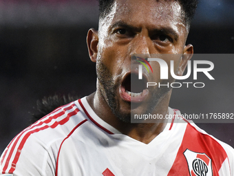 Miguel Borja of River Plate celebrates his goal during the match between River Plate and Barracas Central at Estadio Mas Monumental in Bueno...