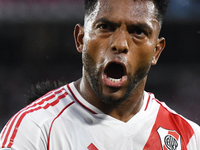 Miguel Borja of River Plate celebrates his goal during the match between River Plate and Barracas Central at Estadio Mas Monumental in Bueno...