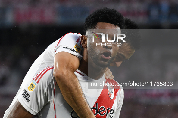 Miguel Borja of River Plate celebrates his goal during the match between River Plate and Barracas Central at Estadio Mas Monumental in Bueno...