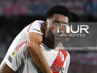 Miguel Borja of River Plate celebrates his goal during the match between River Plate and Barracas Central at Estadio Mas Monumental in Bueno...