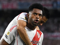 Miguel Borja of River Plate celebrates his goal during the match between River Plate and Barracas Central at Estadio Mas Monumental in Bueno...