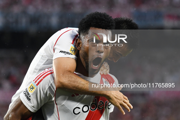 Miguel Borja of River Plate celebrates his goal during the match between River Plate and Barracas Central at Estadio Mas Monumental in Bueno...