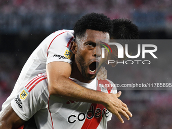 Miguel Borja of River Plate celebrates his goal during the match between River Plate and Barracas Central at Estadio Mas Monumental in Bueno...