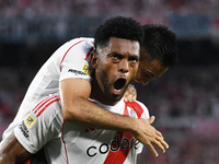 Miguel Borja of River Plate celebrates his goal during the match between River Plate and Barracas Central at Estadio Mas Monumental in Bueno...