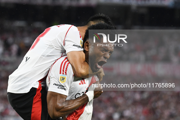 Miguel Borja of River Plate celebrates his goal during the match between River Plate and Barracas Central at Estadio Mas Monumental in Bueno...