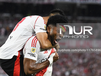 Miguel Borja of River Plate celebrates his goal during the match between River Plate and Barracas Central at Estadio Mas Monumental in Bueno...