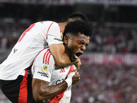 Miguel Borja of River Plate celebrates his goal during the match between River Plate and Barracas Central at Estadio Mas Monumental in Bueno...