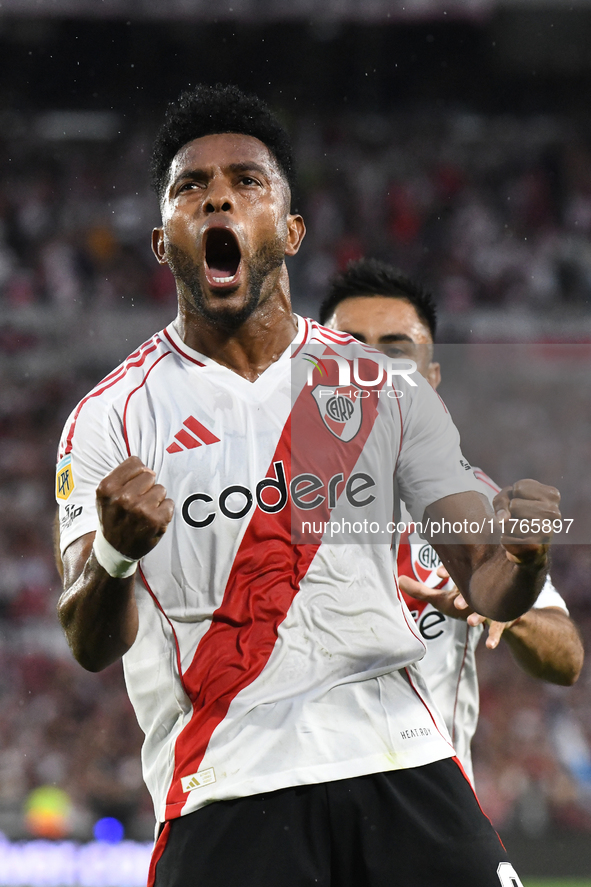 Miguel Borja of River Plate celebrates his goal during the match between River Plate and Barracas Central at Estadio Mas Monumental in Bueno...