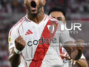 Miguel Borja of River Plate celebrates his goal during the match between River Plate and Barracas Central at Estadio Mas Monumental in Bueno...