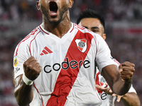 Miguel Borja of River Plate celebrates his goal during the match between River Plate and Barracas Central at Estadio Mas Monumental in Bueno...