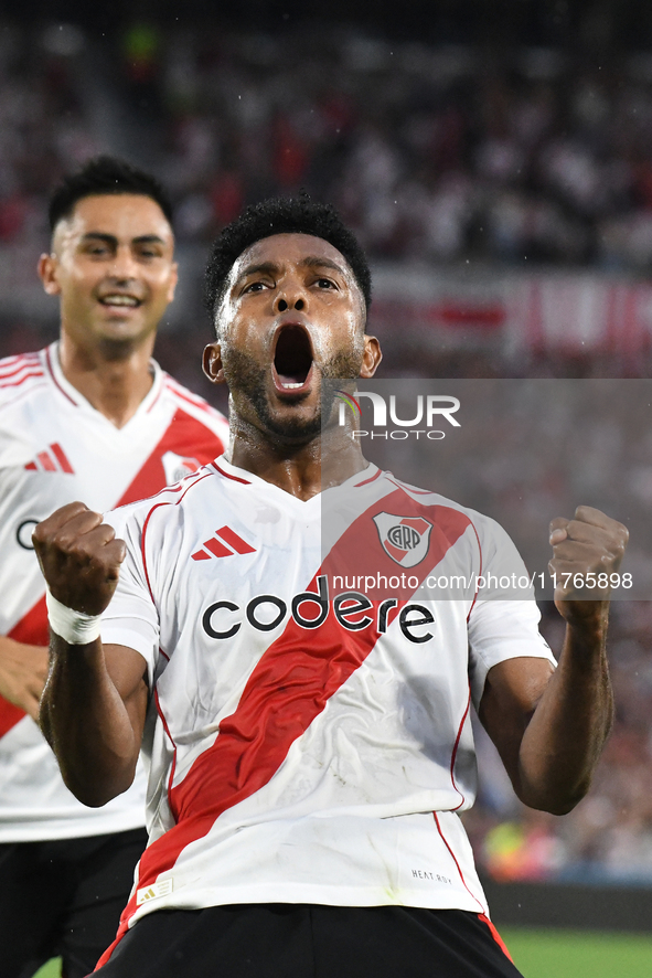 Miguel Borja of River Plate celebrates his goal during the match between River Plate and Barracas Central at Estadio Mas Monumental in Bueno...