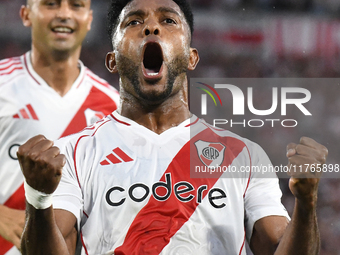 Miguel Borja of River Plate celebrates his goal during the match between River Plate and Barracas Central at Estadio Mas Monumental in Bueno...