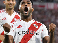 Miguel Borja of River Plate celebrates his goal during the match between River Plate and Barracas Central at Estadio Mas Monumental in Bueno...