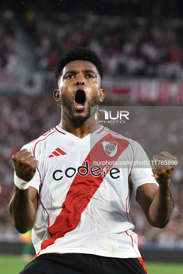 Miguel Borja of River Plate celebrates his goal during the match between River Plate and Barracas Central at Estadio Mas Monumental in Bueno...