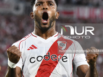 Miguel Borja of River Plate celebrates his goal during the match between River Plate and Barracas Central at Estadio Mas Monumental in Bueno...