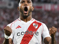 Miguel Borja of River Plate celebrates his goal during the match between River Plate and Barracas Central at Estadio Mas Monumental in Bueno...