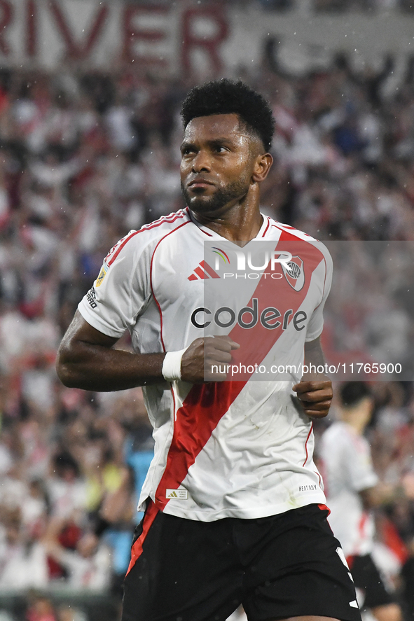 Miguel Borja of River Plate celebrates his goal during the match between River Plate and Barracas Central at Estadio Mas Monumental in Bueno...