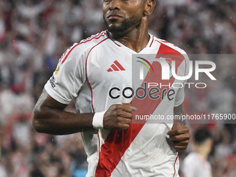 Miguel Borja of River Plate celebrates his goal during the match between River Plate and Barracas Central at Estadio Mas Monumental in Bueno...