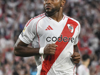 Miguel Borja of River Plate celebrates his goal during the match between River Plate and Barracas Central at Estadio Mas Monumental in Bueno...