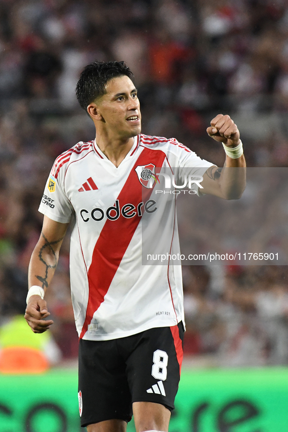 Maximiliano Meza of River Plate celebrates his goal during the match between River Plate and Barracas Central at Estadio Mas Monumental, on...