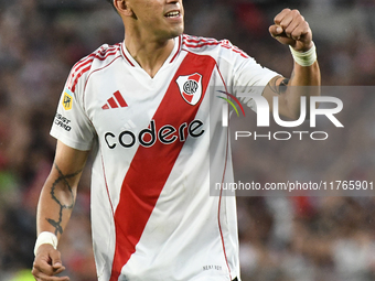 Maximiliano Meza of River Plate celebrates his goal during the match between River Plate and Barracas Central at Estadio Mas Monumental, on...