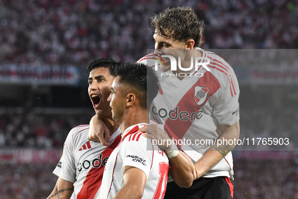 Maximiliano Meza, Facundo Colidio, and Gonzalo Martinez of River Plate celebrate their team's goal during the match between River Plate and...