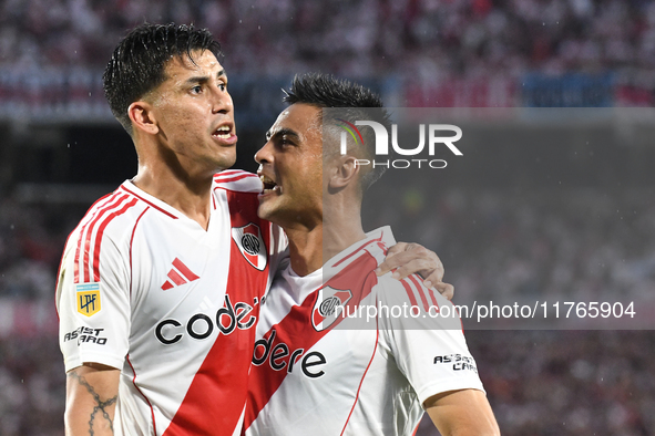 Maximiliano Meza and Gonzalo Martinez of River Plate celebrate their team's goal during the match between River Plate and Barracas Central a...