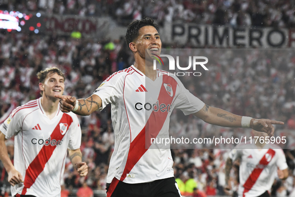 Maximiliano Meza of River Plate celebrates his goal during the match between River Plate and Barracas Central at Estadio Mas Monumental, on...