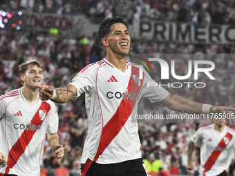 Maximiliano Meza of River Plate celebrates his goal during the match between River Plate and Barracas Central at Estadio Mas Monumental, on...