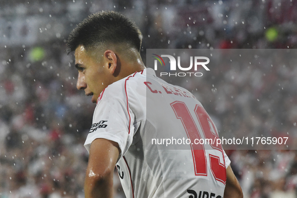 Claudio Echeverri of River Plate plays during the match between River Plate and Barracas Central at Estadio Mas Monumental, on November 9. 