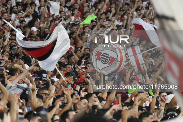 Fans of River Plate attend the match between River Plate and Barracas Central at Estadio Mas Monumental, on November 9. 