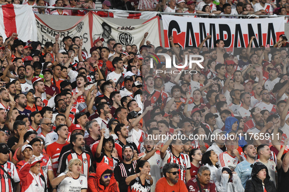 Fans of River Plate attend the match between River Plate and Barracas Central at Estadio Mas Monumental, on November 9. 