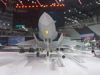 A model of the J-35A stealth fighter jet is pictured at the Zhuhai Air Show Center in Zhuhai, China, on November 10, 2024. (