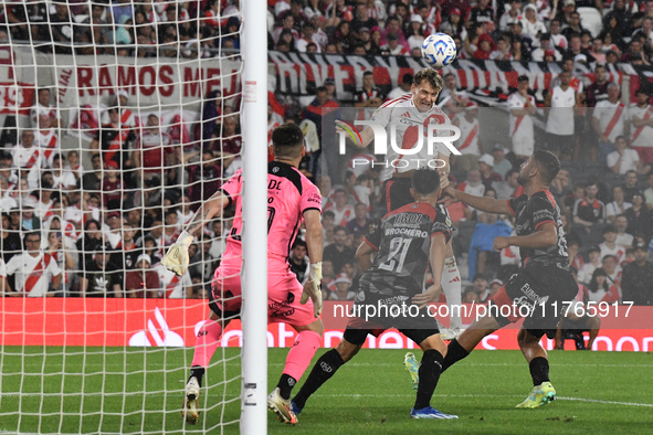 Facundo Colidio of River Plate heads the ball in the opponent's area during the match between River Plate and Barracas Central at Estadio Ma...