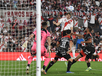 Facundo Colidio of River Plate heads the ball in the opponent's area during the match between River Plate and Barracas Central at Estadio Ma...