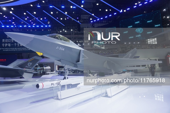 A model of the J-35A stealth fighter jet is pictured at the Zhuhai Air Show Center in Zhuhai, China, on November 10, 2024. 