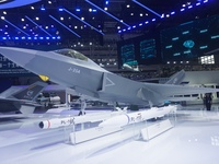 A model of the J-35A stealth fighter jet is pictured at the Zhuhai Air Show Center in Zhuhai, China, on November 10, 2024. (