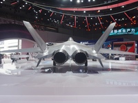 A model of the J-35A stealth fighter jet is pictured at the Zhuhai Air Show Center in Zhuhai, China, on November 10, 2024. (