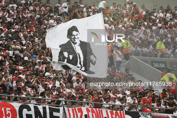 The flag of Marcelo Gallardo, head coach of River Plate, is displayed before the match between River Plate and Barracas Central at Estadio M...