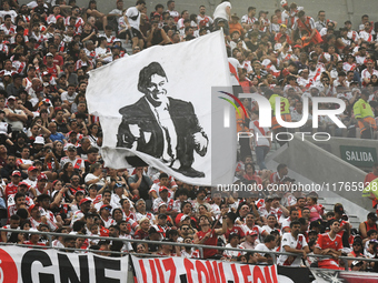 The flag of Marcelo Gallardo, head coach of River Plate, is displayed before the match between River Plate and Barracas Central at Estadio M...