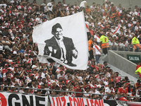 The flag of Marcelo Gallardo, head coach of River Plate, is displayed before the match between River Plate and Barracas Central at Estadio M...