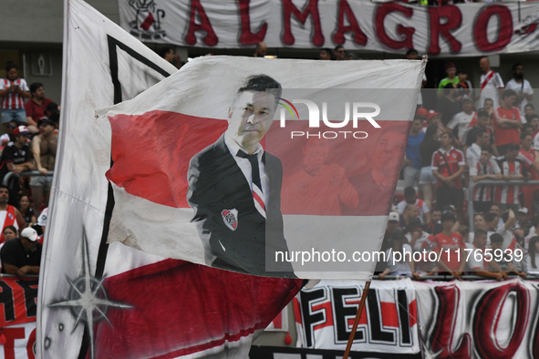 The flag of Marcelo Gallardo, head coach of River Plate, is displayed before the match between River Plate and Barracas Central at Estadio M...