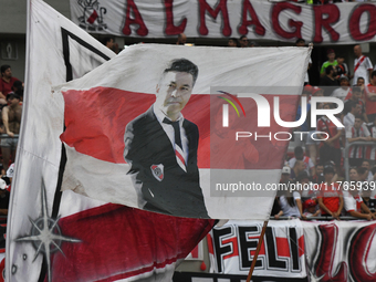 The flag of Marcelo Gallardo, head coach of River Plate, is displayed before the match between River Plate and Barracas Central at Estadio M...