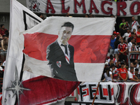 The flag of Marcelo Gallardo, head coach of River Plate, is displayed before the match between River Plate and Barracas Central at Estadio M...