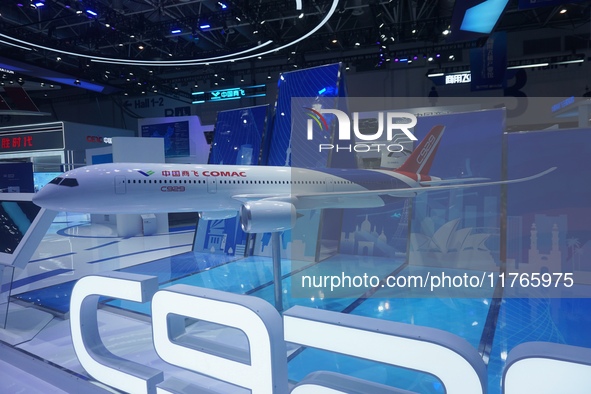 A model of the China-made wide-body passenger jet C929 is on display at the Zhuhai Air Show Center in Zhuhai, China, on November 10, 2024. 