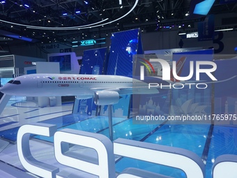 A model of the China-made wide-body passenger jet C929 is on display at the Zhuhai Air Show Center in Zhuhai, China, on November 10, 2024. (